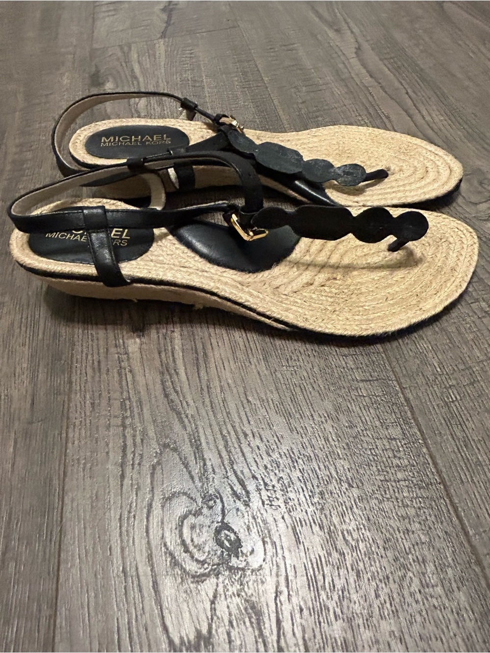 Michael Kors Steph Black Braided Thong Espadrille-Style Sandals with Gold Accent
